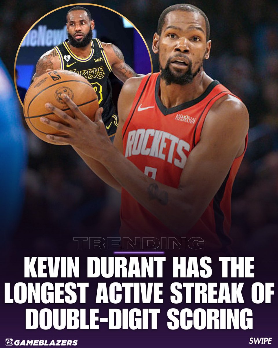 HoopsBlazers's tweet image. Kevin Durant owns the longest active double-digit scoring streak, but he’d need 82 games for 12 more seasons just to match LeBron.

LeBron’s durability and longevity are unreal, that record is not moving anytime soon.
#NBA #LeBronJames #KevinDurant #NBANews