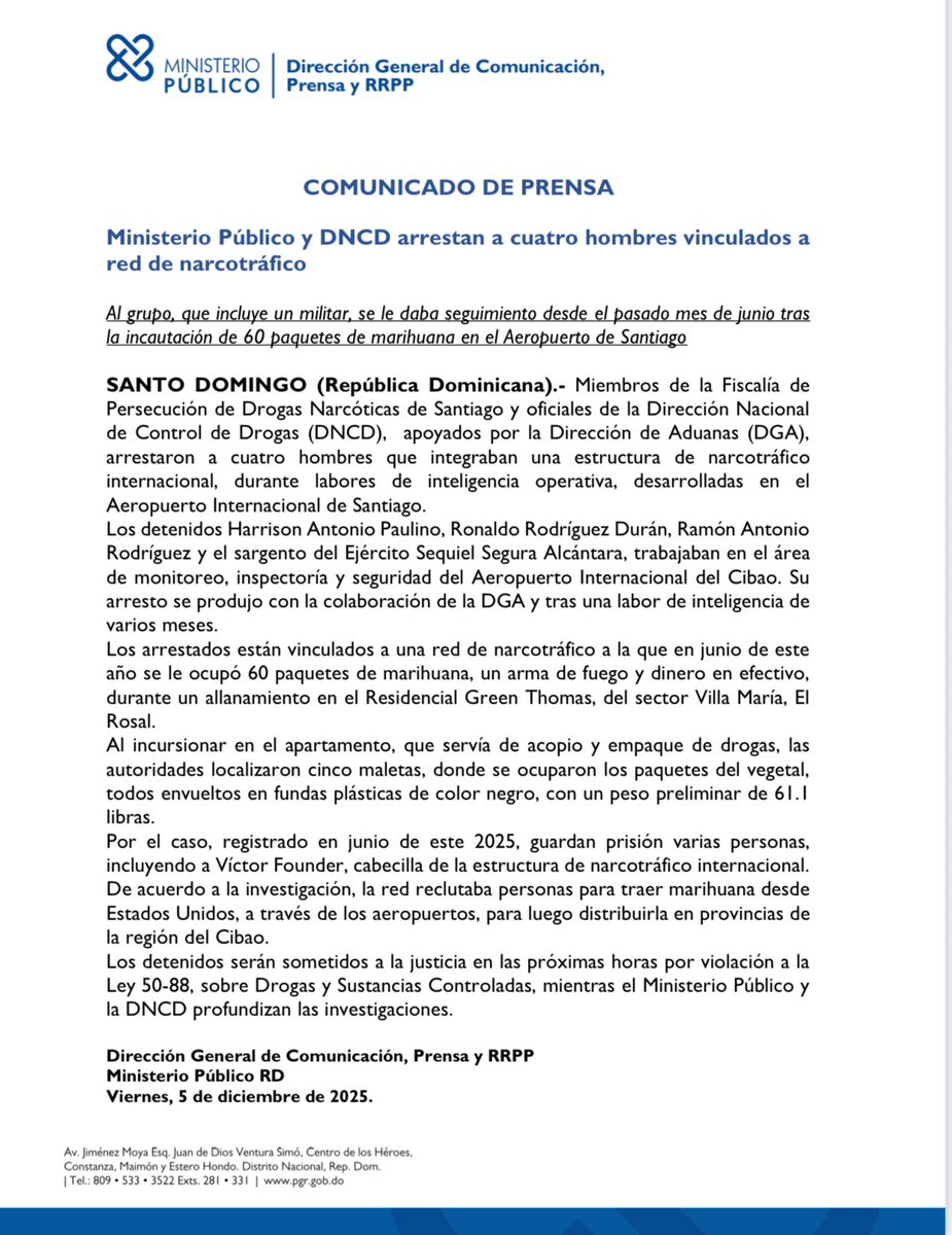 Un honor y deber colaborar con el gran trabajo de la <a href="/DNCDRD/">Dirección Nacional de Control de Drogas</a> y el Ministerio Público, <a href="/ProcuraduriaRD/">Procuraduría General de la República Dominicana</a>. Continuamos firmes en la lucha contra los ilícitos, trabajando unidos para proteger y salvaguardar nuestra nación.