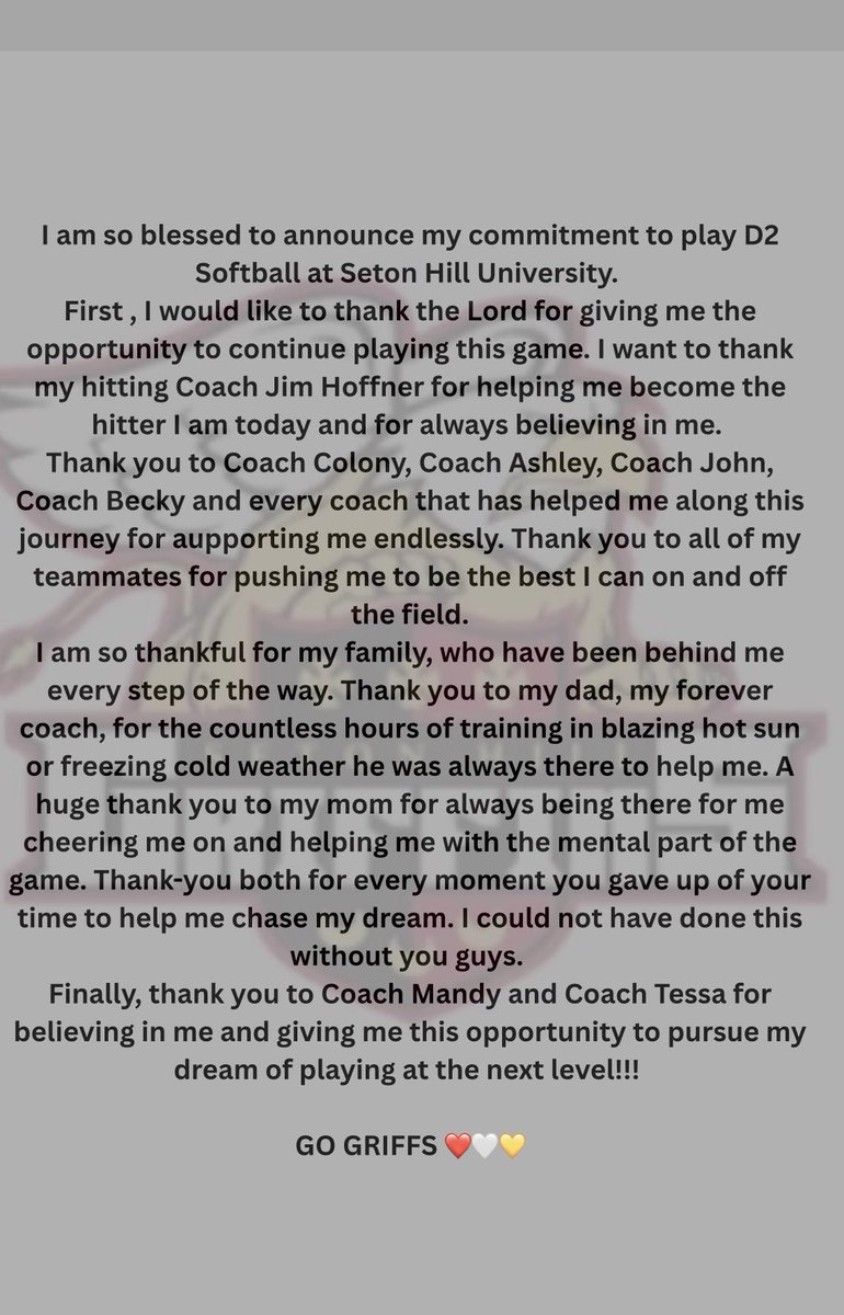 Truly blessed With this Opportunity ❤️🤍💛 
GO GRIFFS ❤️🤍💛 <a href="/Coach_TessSU/">Coach_TessSHU</a> <a href="/CoachMandy13/">Mandy Sansbury🥎</a> <a href="/TPAHopkins/">Team PA Hopkins</a> <a href="/teampafastpitch/">Team Pennsylvania Fastpitch</a>