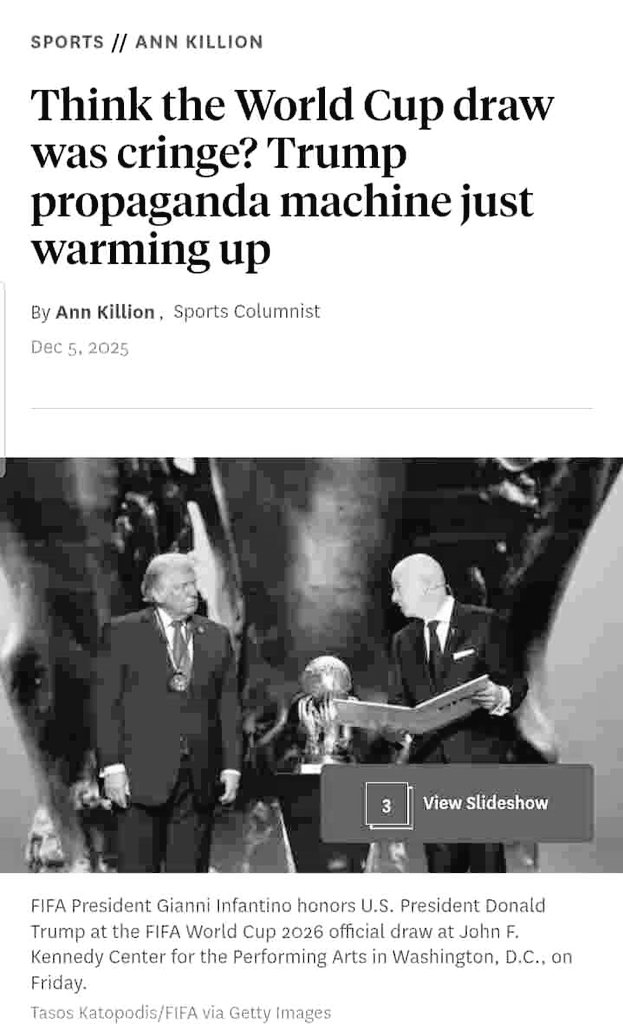 Think <a href="/FIFAWorldCup/">FIFA World Cup</a>  draw was cringe? <a href="/realDonaldTrump/">Donald J. Trump</a> Nazi like propaganda machine just warming up
sfchronicle.com/sports/annkill… Absolutely devastating 
Ann Killion Sports scribe nailed Nazi Trump. What most MSM ignores. Comparing 2026 World Cup to 1936 Olympics in Hitler Nazi
Germany