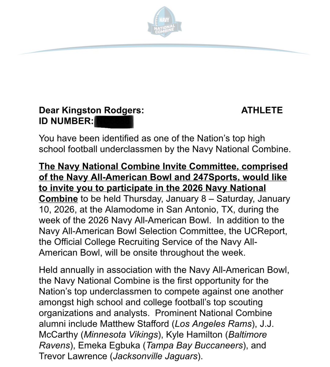 I’m excited to announce I’ll be at the Alamodome for <a href="/NationalComb1ne/">Navy National Combine</a> in January. Thank you <a href="/JohnSchmidAAB/">John Schmid</a> for this opportunity to compete among the elite. #TXHSFB #TXRecruits 

<a href="/AABonNBC/">Navy All-American Bowl</a> <a href="/TheUCReport/">Billy Tucker</a> 
<a href="/247Sports/">247Sports</a> <a href="/247recruiting/">247Sports Recruiting</a> 
<a href="/BDammone/">Along The Wire</a> <a href="/TXTopTalent/">TX TOP TALENT</a> 
<a href="/TFloss32/">Todd Glawson</a> <a href="/sixstarfootball/">Six Star Football | PLUS+</a>