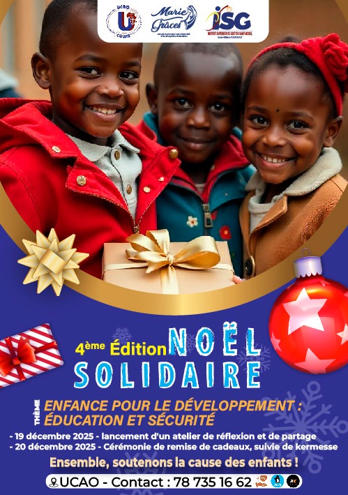 NOËL SOLIDAIRE, 4ème ÉDITION, organisé Marie Grâce en partenariat avec UCAO Saint Michel pour Sargal Xaleyi, beggeul Xaleyi, donner le sourire aux enfants en situation de handicap et issus de familles défavorisées.
Arbre de Noël à 10h, suivi d'une kermesse à UCAO St Michel...