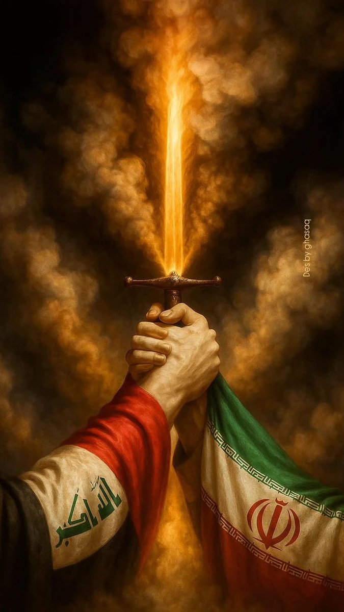 "عراقُ وإيران… يدانِ على سيفٍ واحد، وقلبانِ لا ينفصلان. فمتى اجتمعَ الصادقون، ارتجفَ الظالمون. ⚔️🔥🇮🇶🇮🇷"