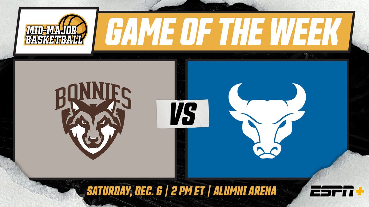 .<a href="/BonniesMBB/">Bonnies Men's Basketball</a> (7-1) meets undefeated <a href="/UBuffaloMBB/">Buffalo Men's Basketball</a> (8-0) in Saturday’s Mid-Major Game of the Week. Frank Mitchell’s double-doubles vs. Daniel Freitag’s breakout. Tip at 2 p.m. ET on ESPN+. Preview by <a href="/FrankDeBari/">Frank DeBari</a>: midmajorbasketball.com/game-of-the-we…