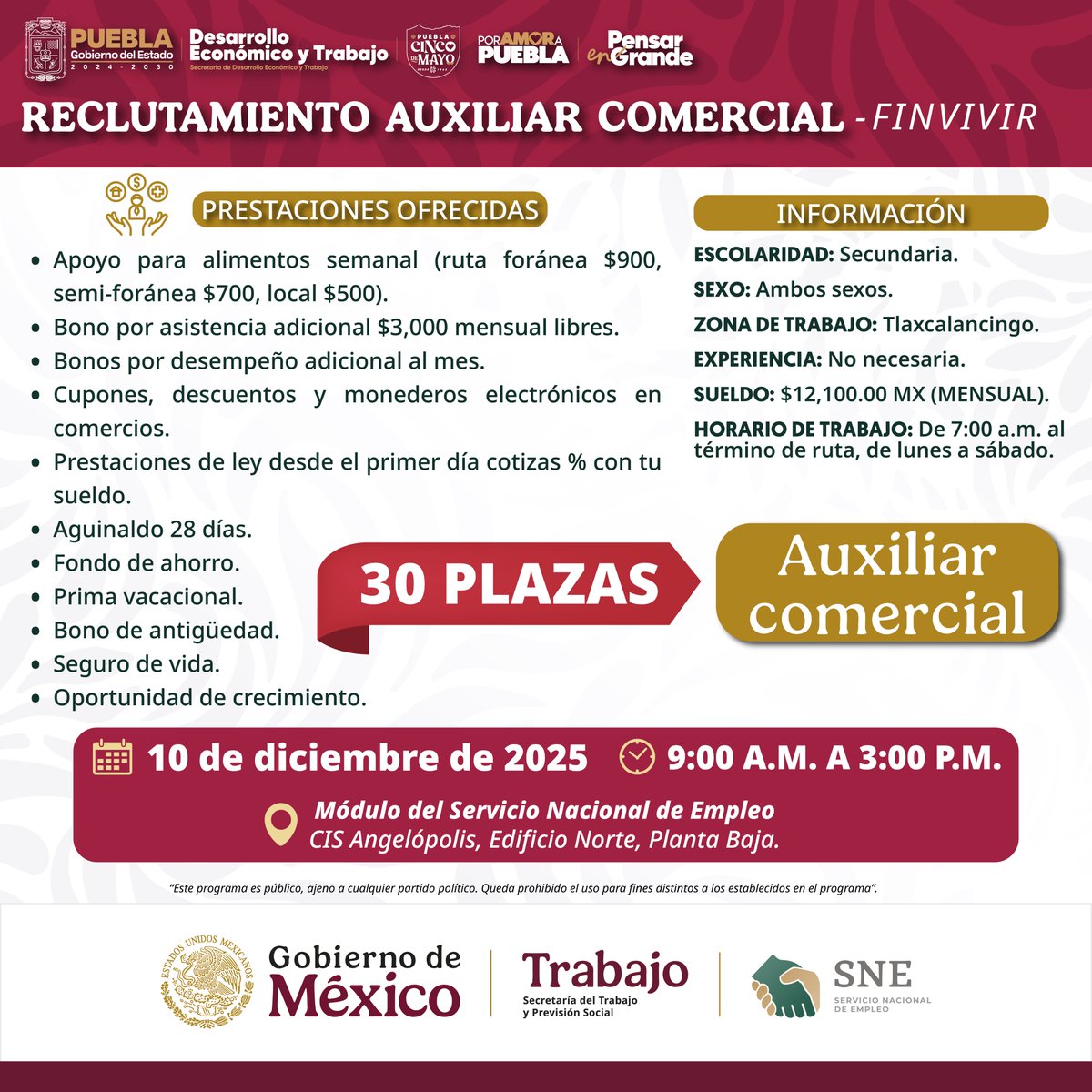 🔍¿Buscas trabajo sin experiencia?
FINVIVIR tiene 30 plazas de Auxiliar Comercial.
Asiste al #Reclutamiento
📅 10 dic • ⏰ 9am-3pm
📍 Módulo del SNE, Edificio Norte, CIS Angelópolis

💰 Bonos
🚌 Apoyo para alimentos • 🎁 Prestaciones desde el día 1

¡Asiste y postúlate!