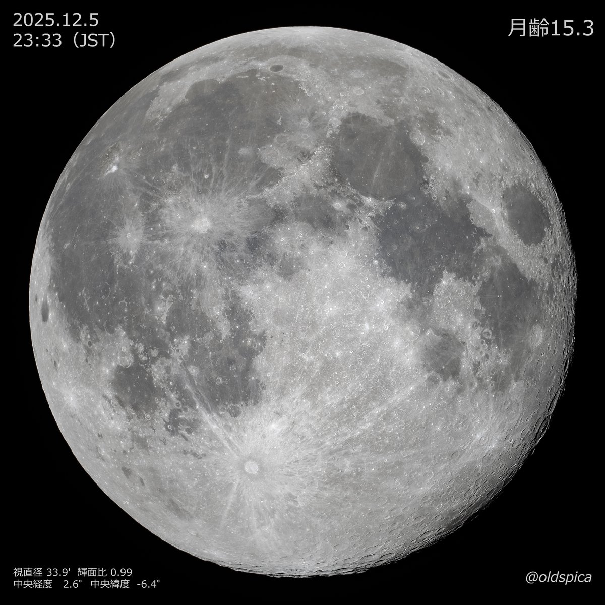 月齢15.3】 12/5夜遅くのお月さま。満月を少し過ぎてやや欠けているの