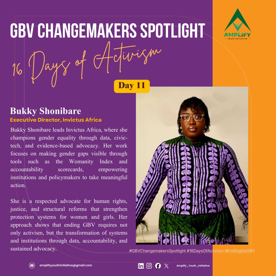 GBV Changemakers Spotlight: Bukky Shonibare

She drives gender equality through data, civic-tech &amp; evidence-based advocacy, making hidden gender gaps visible and pushing for real institutional accountability.

Her work strengthens the systems needed to prevent GBV and protect.