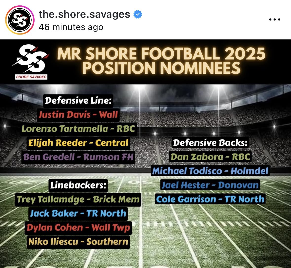 Holmdel_FB2026's tweet photo. Thank you @theshoresavages for nominating @holmdelhornetfb players @jackcannon_11 @James_Murphy_4 @mtodisco__34 and @JackTiller41603 for Mr. Shore Football in their respective positions https://t.co/3sGSYNf10L