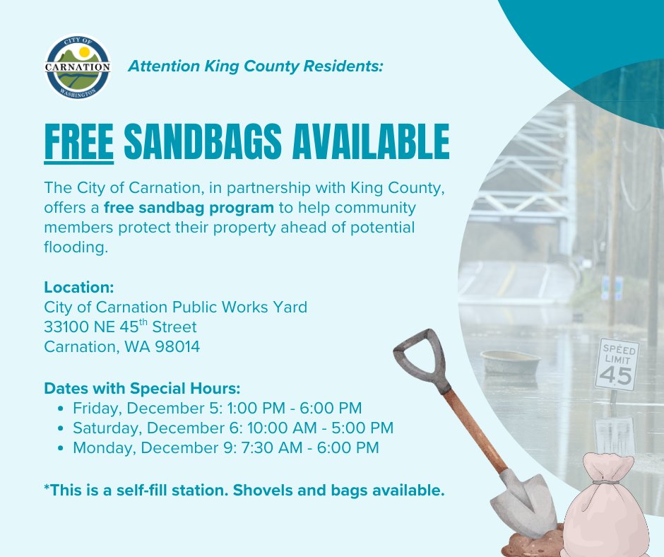 The City of Carnation, in partnership with <a href="/KingCountyWA/">King County, Washington</a> offers a free sandbag program to help community members protect their property ahead of potential flooding.

For more information on sandbag distribution centers and use, click the link below:
kingcounty.gov/en/dept/dnrp/n…