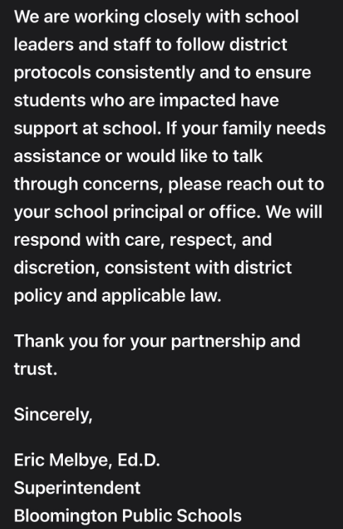 CrimeWatchMpls's tweet image. Message reportedly sent out by Bloomington Public Schools @bps271 to familes.