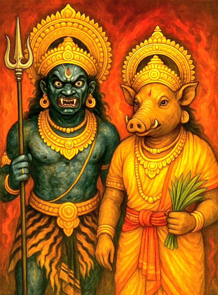 🌺।।गुलिगा देव और पंजुर्ली देव।।🌺

गुलिगा और पंजुर्ली देव दक्षिण भारत, विशेषकर कर्नाटक के तटीय क्षेत्रों (तुलुनाड – दक्षिण कन्नड़, उडुपी, कारवार) में पूजे जाने वाले अत्यंत शक्तिशाली बूटा/दैवत हैं...🧵 

ये तटीय कर्नाटक की भूता-आराधना (Bhoota Kola / Daiva Kola) परंपरा के प्रमुख