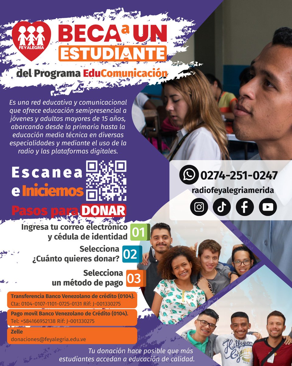 Beca a un estudiante de Fe y Alegría EduComunicación y conviértete en parte de su camino hacia un futuro mejor. 📝✨ 

#FeyAlegría #EduComunicación #Becas #TransformaVidas #Venezuela #Mérida