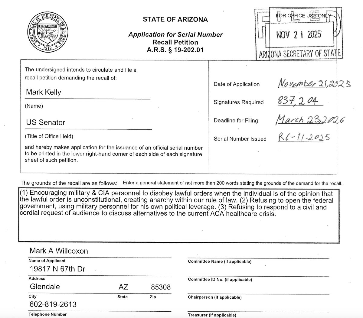 petitionpartner's tweet image. Recall on @SenMarkKelly filed. 1 Million raw signatures needed by end of March 2026.  Senator Kelly shouldn't be worried.