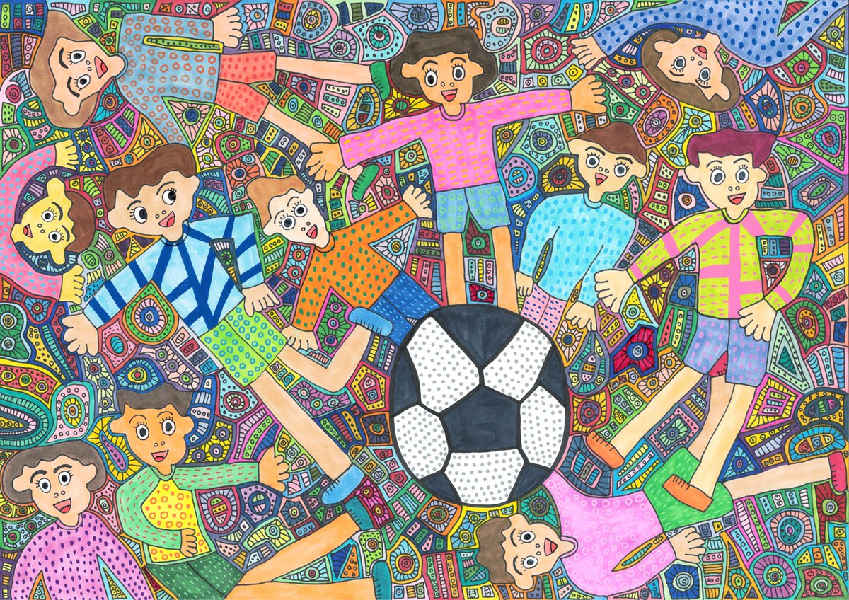 🖼Doronkoパラリンアートカップ2025受賞作🏆紹介⑤澤穂希賞は長野県在住カミジョウミカさんの「カラフル世界でサッカーしたい」。色使いの豊かさが注目されての選出です。＃障がい者アート