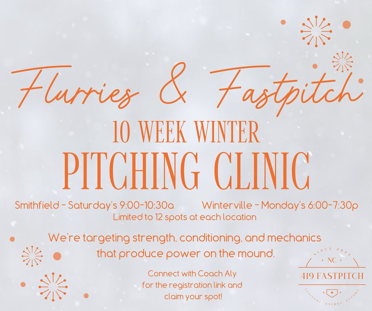 419Fastpitch's tweet photo. 🥎❄️ Flurries &amp; Fastpitch is filling FAST! ❄️🥎

Smithfield 9:00–10:30 is officially FULL 🔒

Still want in? Grab your session before it’s gone🧨

🥎 Smithfield • Saturdays • 11:00–12:30
🥎 Winterville • Mondays • 6:00–7:30

Secure your spot today! 💥 https://t.co/XXaFBZOplj