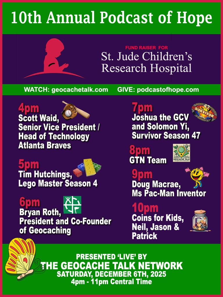 Tomorrow is the big day that the Geocaching Community comes together to make a difference for children battling life-threatening illnesses.

On December 6th, join us for the 10th Annual Podcast of Hope

Donate at podcastofhope.com

Watch at youtu.be/zoYyKn6a-iM