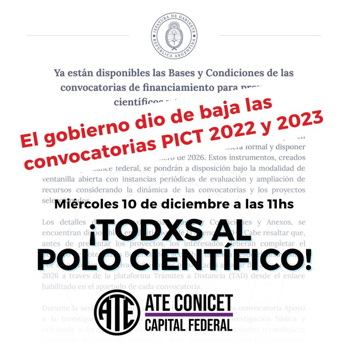 MauroFdz's tweet photo. 🚨 EL GOBIERNO DESFINANCIÓ AL CONICET POR COMPLETO

El miercoles que viene tenemos el deber de salir a defender el sistema cientifico para que sigan siendo posibles streams como los que vimos o encontrar la cura del cancer en nuestro país. https://t.co/fOB1DehibY