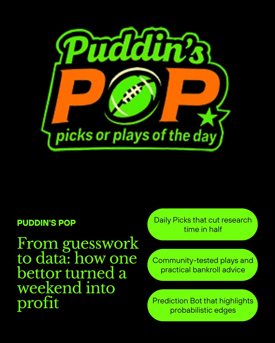 Puddins_POP's tweet image. From guesswork to game-changer 📊💡 One bettor used Puddin’s Pop to turn a single weekend into straight profit — all with data-backed picks, bankroll advice, and our edge-finding Prediction Bot. 💸🔥#BettingSuccess #DataOverLuck #SmartGambling #PredictionEdge #Pu...