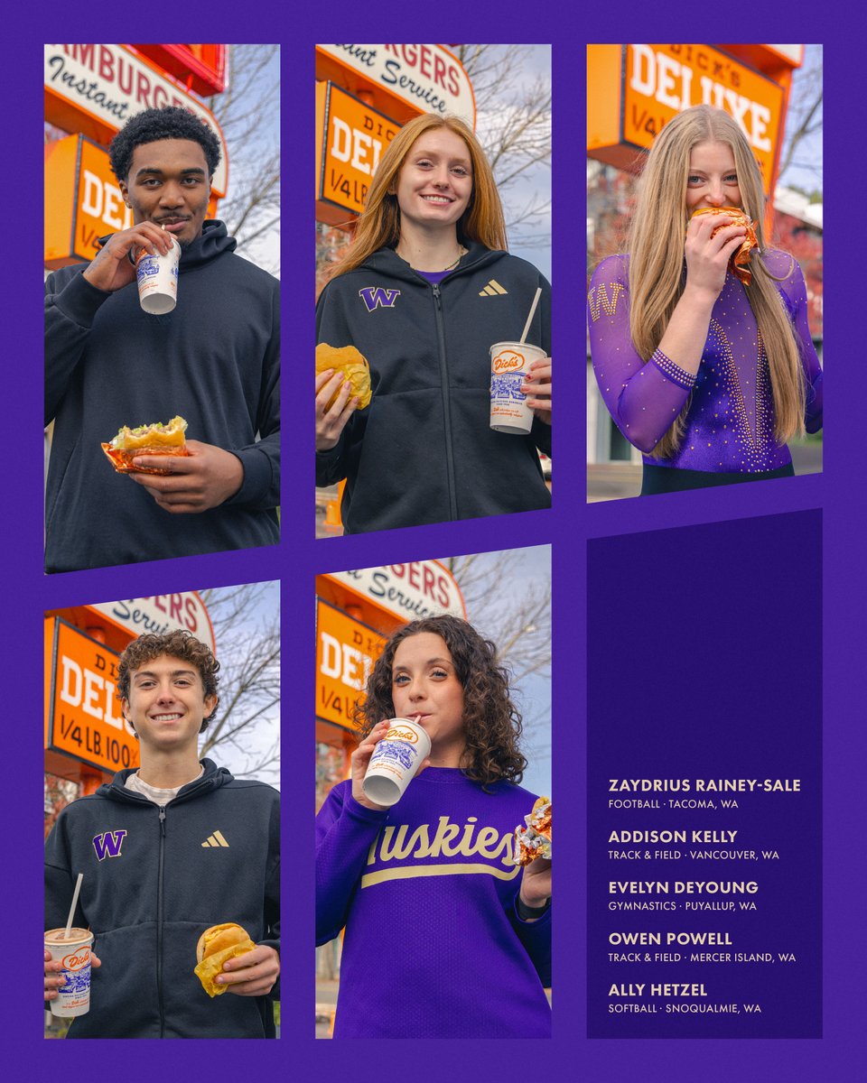 DicksDriveIns's tweet image. Nothing beats that Hometown Flavor with @UWAthletics! Featuring five freshman UW athletes who call Washington home, this poster will be a giveaway when Dick’s Drive-In is at the Dubs Club at the Dec. 13 UW men’s basketball game.