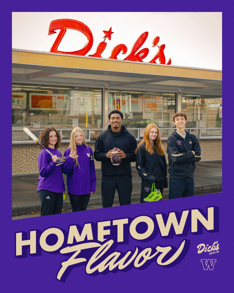 DicksDriveIns's tweet image. Nothing beats that Hometown Flavor with @UWAthletics! Featuring five freshman UW athletes who call Washington home, this poster will be a giveaway when Dick’s Drive-In is at the Dubs Club at the Dec. 13 UW men’s basketball game.