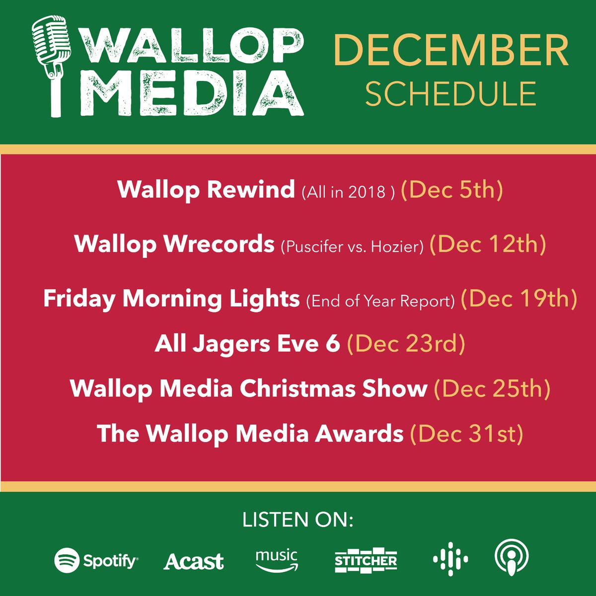 WallopMedia's tweet image. Oh, we’ve got a hell of a month planned for all you Wallopers! It’s December, which means the sleigh bells are ringing, the eggnog is flowing.

So grab a hot chocolate, a candy cane, or something a little stronger… it’s time to celebrate Wallop-style! 🎄🎙️