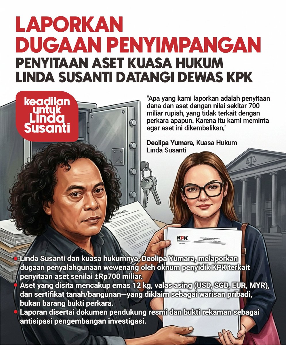 Penyitaan aset harus jelas dg prosedur yg Sah, bila ada penyimpangan maka musti dilaporkan. Itulah yg dialamai Linda Susanti oleh Oknum KPK yg telah mendzoliminya. 
#KeadilanUntukLinda