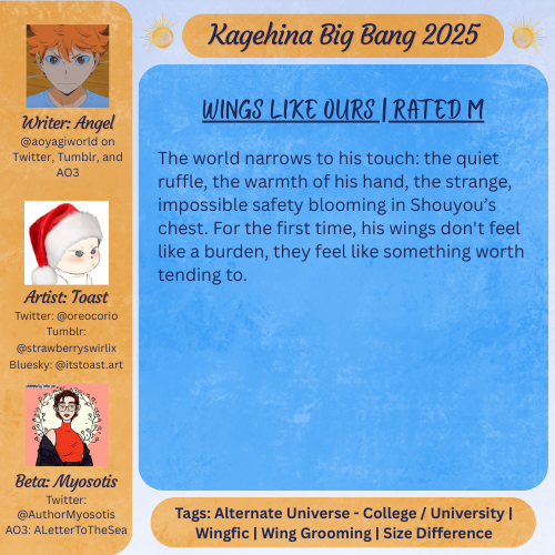 kagehinabigbang's tweet photo. Wings Like Ours by @aoyagiworld, with art by @oreocorio and betaed by @AuthorMyosotis 💙🧡 https://t.co/WDO2MuaAss