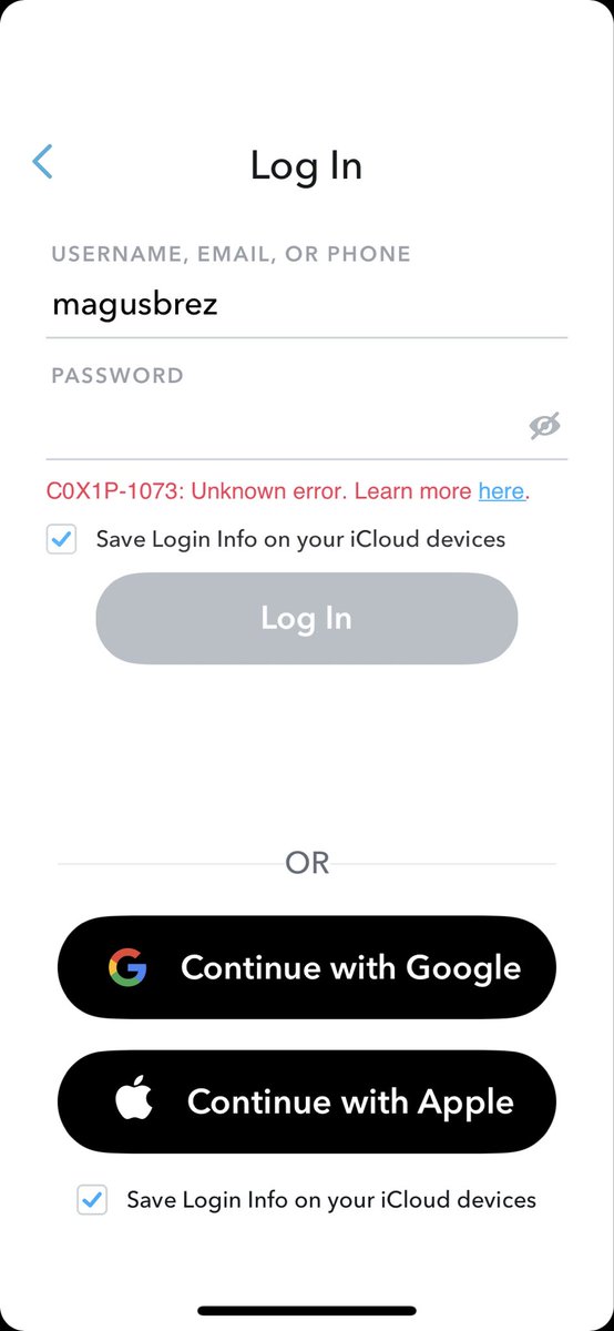 Homopolitan's tweet image. @SnapchatSupport
Ticket #269244778 submitted 6 days ago for account magusbrez — permanent lock + C0X1P-1073 error, no in-app appeal option.
Never used third-party. Still no response.
Can someone from the team please check this? Just trying to get back to my friends.
#SnapchatHelp