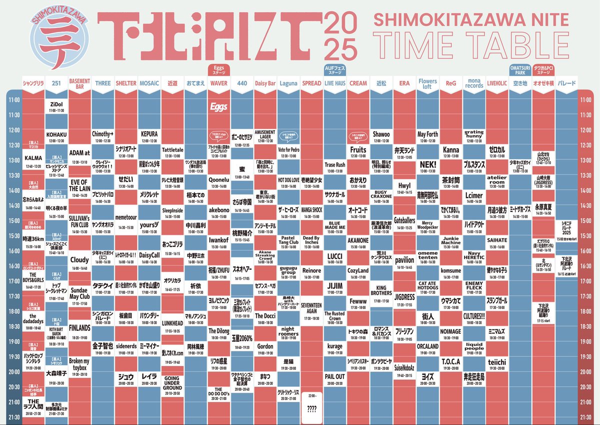 本日の251は、、、

下北沢にて’25

OPEN 10:30 / START 11:00
※総合受付は線路街空き地となります。

ご来場の際はお気をつけてお越しください〜〜！