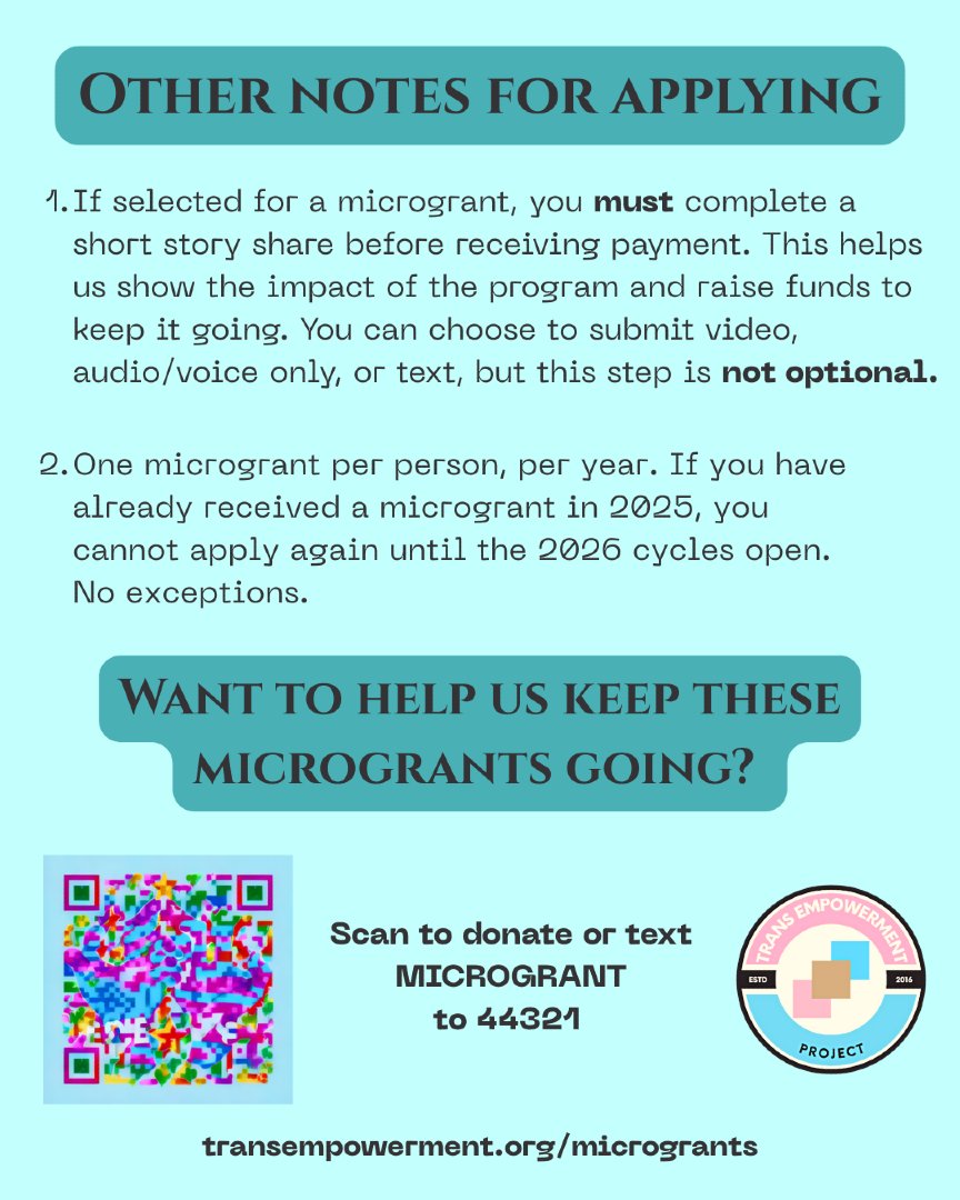 Emergency Rapid Response Microgrants open MONDAY at 12pm CT.

36 microgrants of $150 for urgent needs (food, meds, housing, utilities, safety).

Read all rules on the slides before applying.
Donate to support the program: transempowerment.org/microgrants 💖
