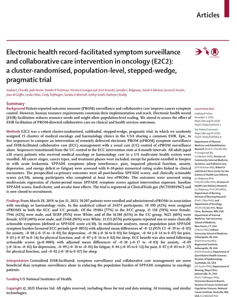 RyanNipp's tweet image. Electronic health record-facilitated symptom surveillance and collaborative care intervention in oncology (E2C2): a cluster-randomised, population-level, stepped-wedge, pragmatic trial.

thelancet.com/journals/lanon…

@TheLancet @TheLancetOncol 
#SuppOnc #PallOnc #hpm 
@MayoCancerCare