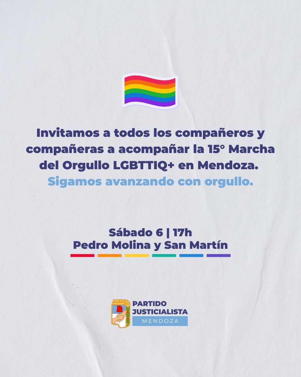 15° Marcha del Orgullo LGBTTIQ+ en Mendoza 🏳️‍🌈

¡Nos vemos mañana!

🕣 17h
📍 Pedro Molina y San Martín 

#Orgullo #Mendoza #PartidoJusticialista