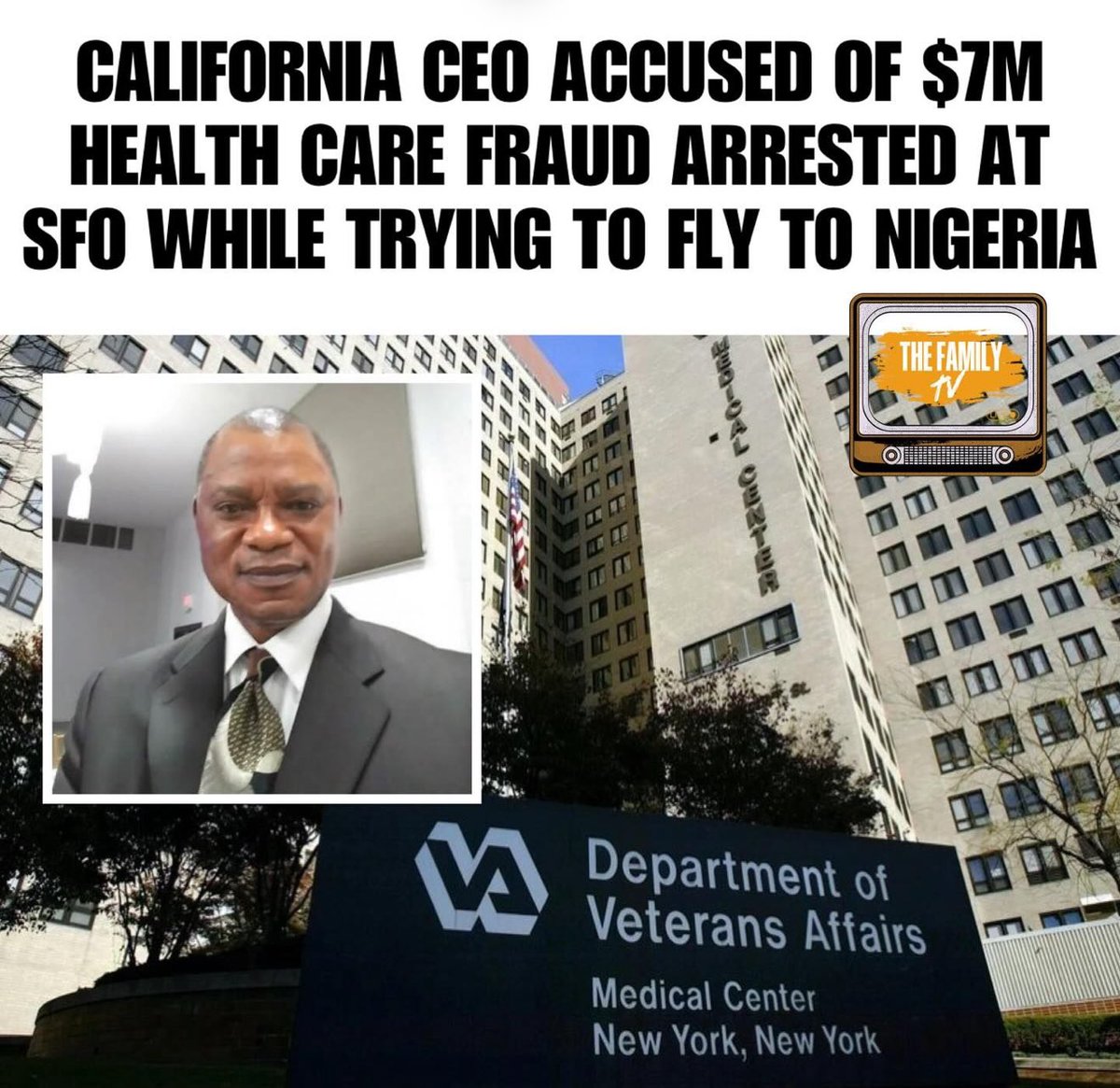 FULL UPDATE ON EARLIER POST 
A California health‑care executive, Cashmir Chinedu Luke, 66, was arrested at San Francisco International Airport while attempting to board a flight to Nigeria. Prosecutors accuse him of using his company, Four Corners Health LLC, to defraud the