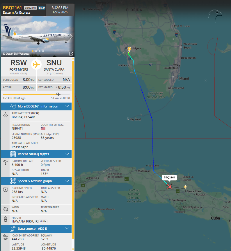 FlconEYES's tweet photo. N804TJ | Charter | Eastern Air
Los #agencieros militantes comunistas de #FortMayers ahora con un charter directo a #SantaClara, para apuntalar la dictadura narcocomunista.
#FortMayers-#SantaClara
#Now #ADSB #cuavion #Cuba #5Dec https://t.co/vEYHCXsuH7