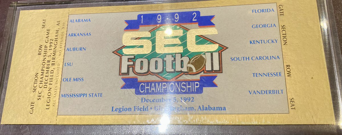Keepsake item from the first SEC Championship Game (SECCG), December 5, 1992 at Legion Field in Birmingham. I’ve been fortunate to witness all 33 championship contests. Saturday’s game marks my 34th. #SECChampionship