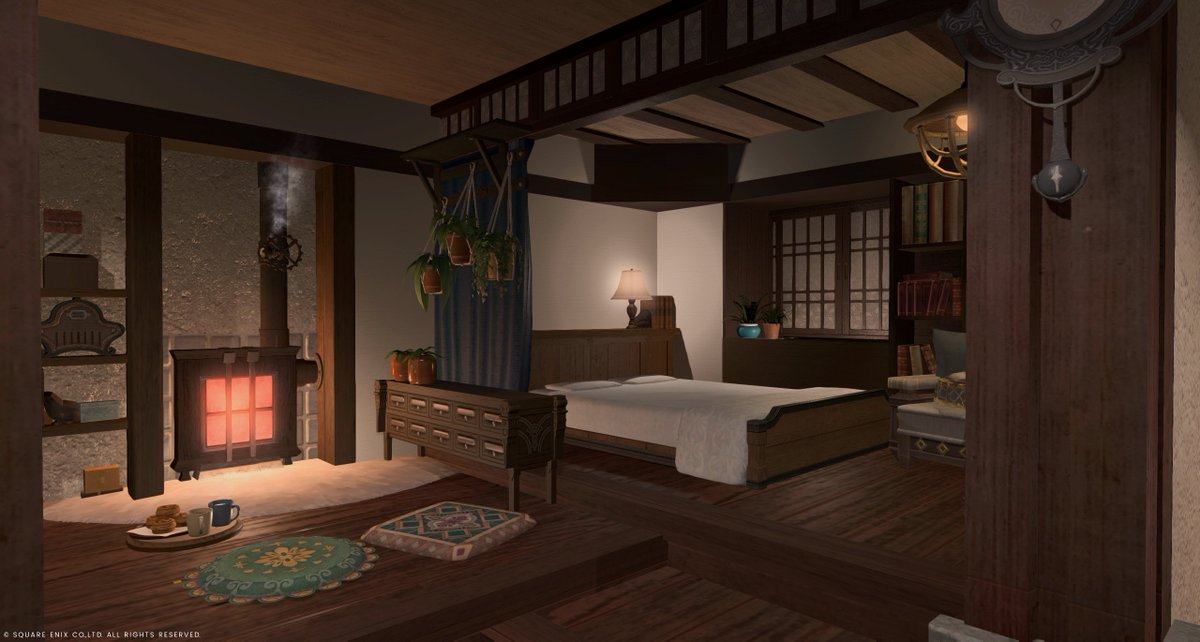 hinapecco_ff14's tweet photo. ノックスさんの「安息の庵」にお邪魔しました。間取り天才でバケモンか？ベッドルームとリビングの間のカーテンや、外の庭とリンクしていそうな風景・向きなど様々な気遣いが感じられます。天井照明に洗濯籠天才か。キッチンの高低差はリノベということとオスラの家ということで大納得！
#nokusing https://t.co/yWjyIQh8l9
