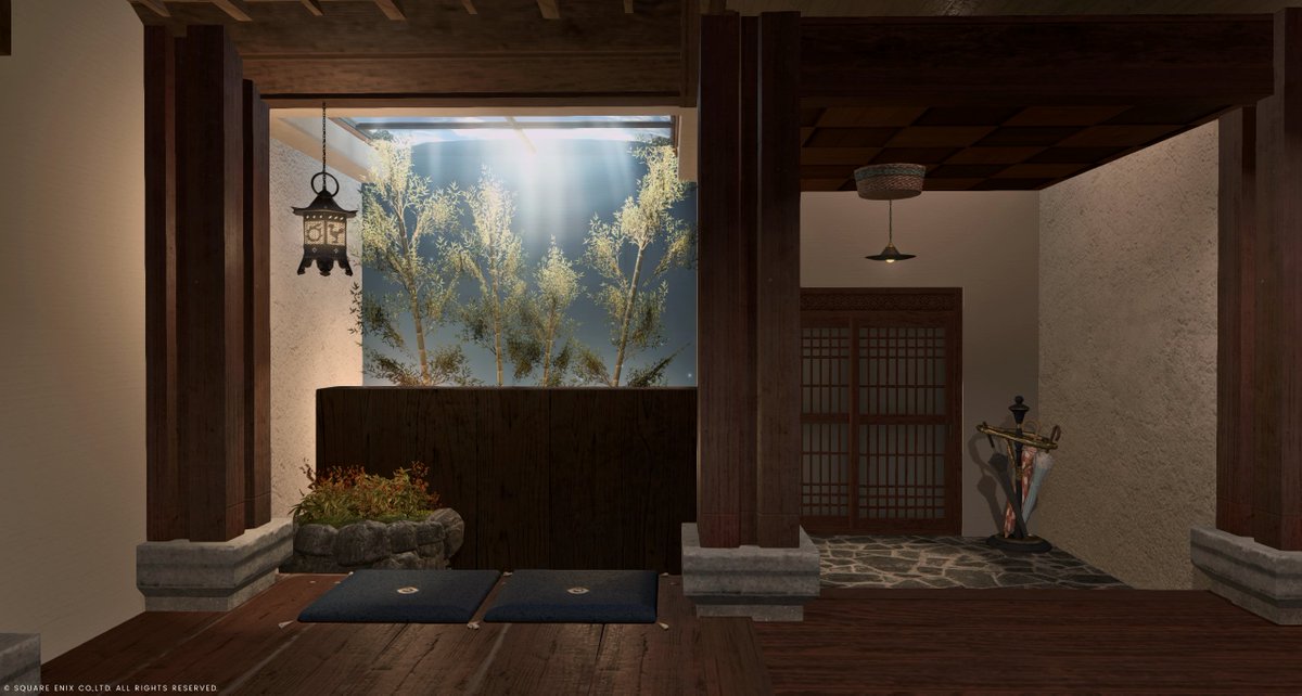 hinapecco_ff14's tweet photo. ノックスさんの「安息の庵」にお邪魔しました。間取り天才でバケモンか？ベッドルームとリビングの間のカーテンや、外の庭とリンクしていそうな風景・向きなど様々な気遣いが感じられます。天井照明に洗濯籠天才か。キッチンの高低差はリノベということとオスラの家ということで大納得！
#nokusing https://t.co/yWjyIQh8l9