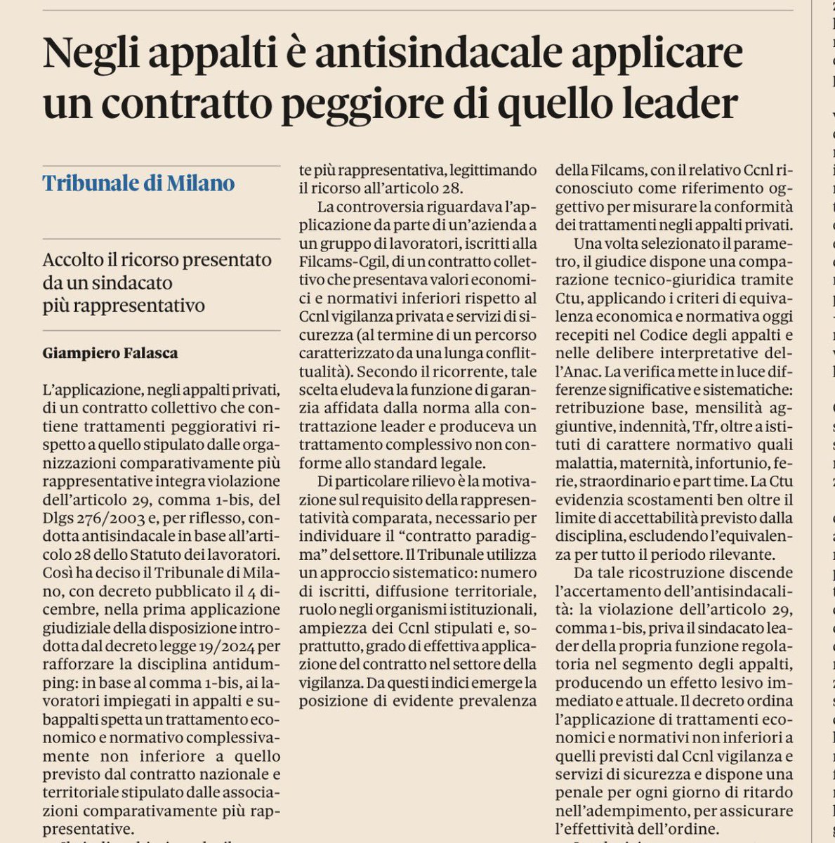 Sindacati confederali baluardo anti dumping. Prima applicazione dell’art. 29, co. 1-bis dlgs 276/03: per il Tribunale di Milano l’uso di CCNL deteriori negli appalti integra condotta antisindacale. Centrale la rappresentatività comparata e la comparazione tecnica