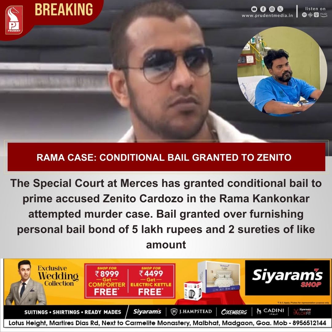 prudentgoa's tweet image. The Special Court at Merces has granted conditional bail to prime accused Zenito Cardozo in the Rama Kankonkar attempted murder case. Bail granted over furnishing personal bail bond of Rs 5 lakhs &amp;amp; 2 sureties of like amount

#BreakingNews #Goanews #ZenitoCardozo #RamaKankonkar