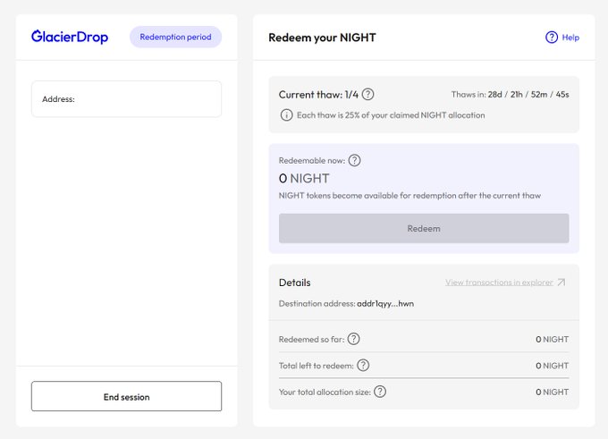 MinswapIntern's tweet photo. BREAKING NEWS: 

THE NIGHT REDEEM PORTAL IS NOW LIVE😱😱😱

You can now check exactly when your $NIGHT tokens will thaw, each wallet has its own unlock schedule.

Just log in to the official @MidnightNtwrk
portal to see your personal thawing timeline and prepare for your $NIGHT allocation.

Have you checked yours?