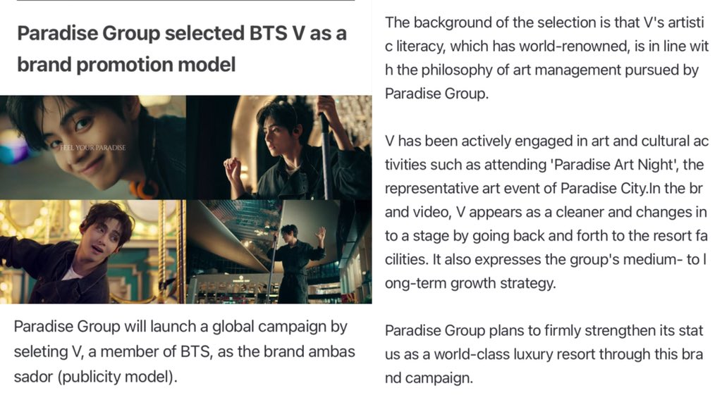 VonTidal's tweet image. Paradise Group has selected V (Kim Tae-hyung), a member of BTS, as its brand ambassador and will launch a global campaign featuring him.

The reason for the selection is that V's artistic sensibility and globally recognized cultural influence align perfectly with the art-centered…