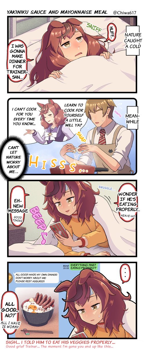 Umamusume English Translation
"Trainer's worried about Nature catching a cold"
#NiceNature
#Umamusume
#UmaTranslations
#英訳