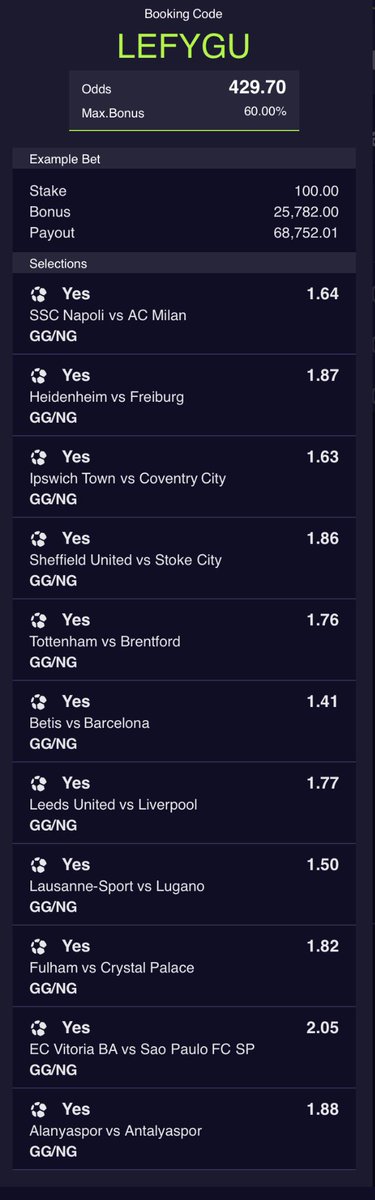 NizTips's tweet image. 11/11 GG  (BTTS) 📈 427

LEFYGU