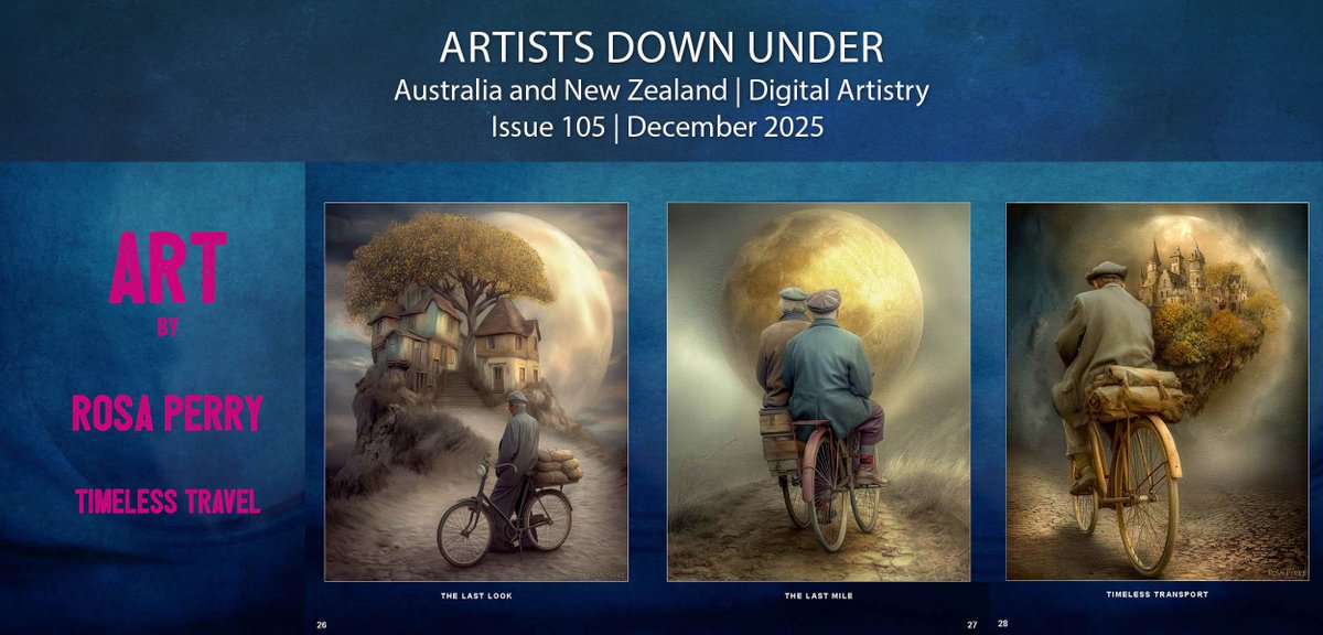 rosaperry's tweet photo. I'm very honoured to have my Timeless Travel series featured in the December issue of Artists Down Under magazine. I’m also delighted to have a few additional pieces scattered throughout the issue.★☆
Magazine link:  https://t.co/LkVGRnzZLi #photoshop #DigitalArtist https://t.co/9d3t6h4av0