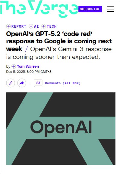 Machinelearrn's tweet image. ⚡️ ChatGPT 5.2 &quot;Code Red&quot; выйдет 9 декабря.

The Verge пишет, что по информации инсайдеров, OpenAI планирует представить обновление уже в начале следующей недели, ориентировочно 9 декабря.

#chatgpt #openai #ChatGPT52