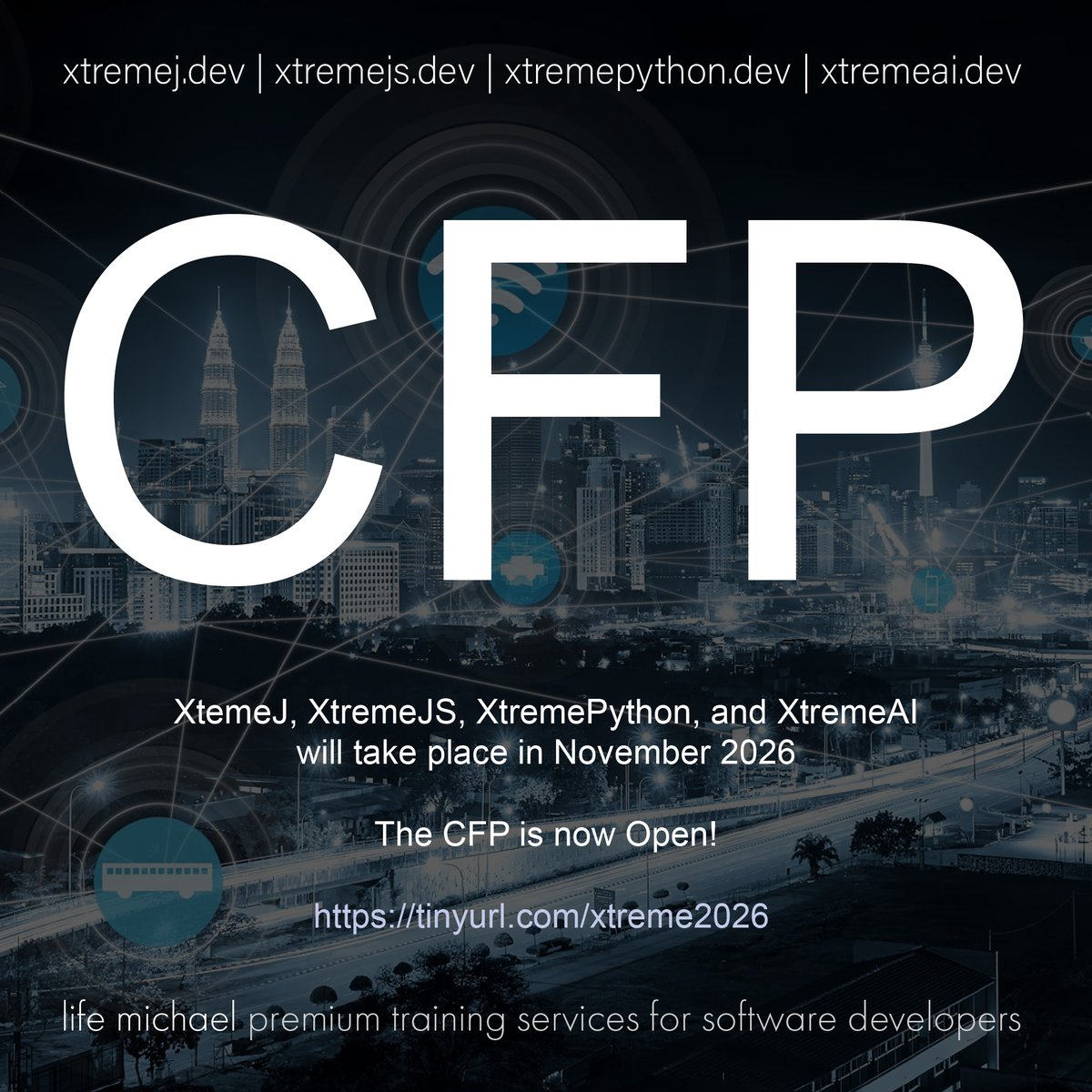 lifemichael's tweet photo. XtremeJ, XtremeJS, XtremePython, and XtremeAI will take place in November 2026. The CFP is now open. You can find it at https://t.co/j2nQOZUIsP. #conference #cfp #python #javascript #java #ai #online #xtremej #xtremejs #xtremepython #xtremeai https://t.co/o9AI9W3atd