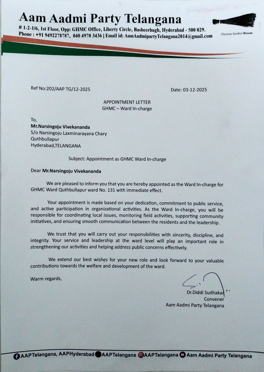 Honoured and Grateful!

I sincerely thank the <a href="/AAPTELANGANA/">AAP TELANGANA</a> , Our AAP Telangana Incharge <a href="/PKakkar_/">Priyanka Kakkar</a> Ji,Our State Convener <a href="/DrDiddiSudhakar/">Dr. Diddi Sudhakar</a> Garu and Our Leadership for appointing me as the GHMC Ward In-charge for Quthbullapur Ward No. 131.