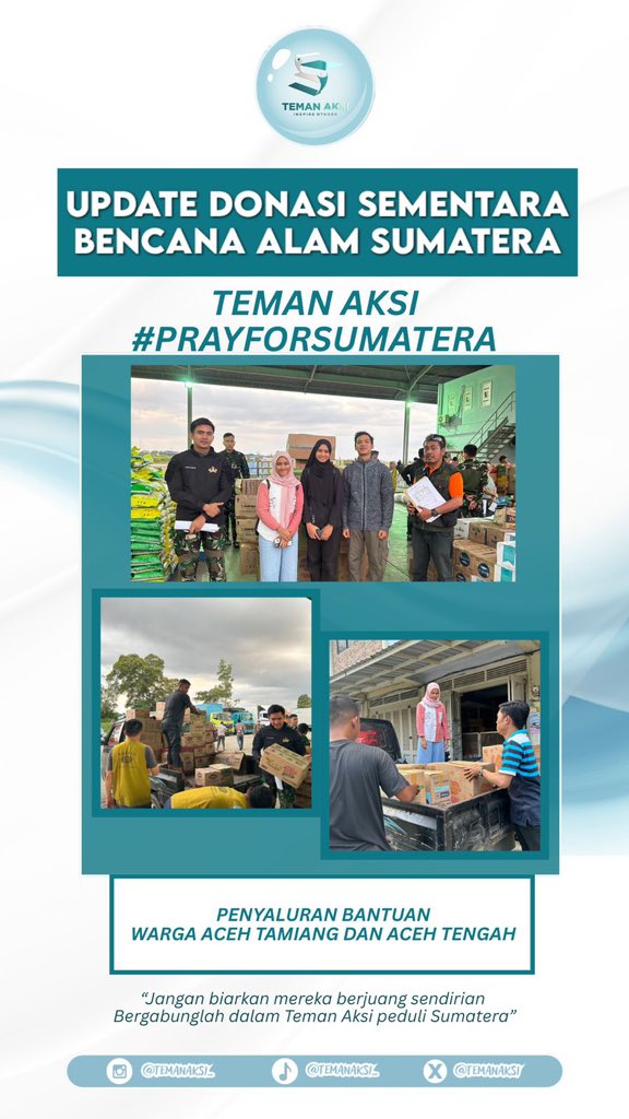 temanaksi's tweet photo. TEMAN AKSI UPDATE

Adapun bantuan paket sembako dan perlengkapan bayi untuk masyarakat di Kabupaten Lubuk Rayo Sumatra Barat, Aceh Tamiang dan Aceh Tengah telah disalurkan pada 4 Desember 2025. 

#PrayForIndonesia #PrayForSumatra https://t.co/vybaqYy1dG