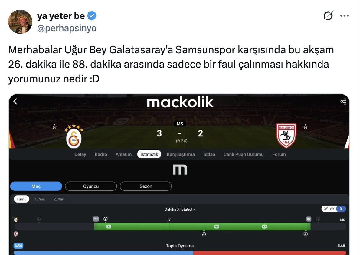 Atkililar_Kalir's tweet photo. Geçen haftaki abes istatistik onları da nasıl rahatsız ettiyse, nasıl "çok belli ettik ya" dedirttiyse toplu olarak aldıkları talimatla algı çalışmasına başlamışlar.

Tabii izlemediğin maç üstünden istatistik kağıdına bakarak yorum yaparsan böyle rezil olursun işte...

Ben o kağıtta yazmayan bilgiyi vereyim; bahsi geçen zaman diliminde hakem Samsunspor lehine verdiği 4 faulde avantaj oynattı. 46, 56, 79 ve 86. dakikalar...

(Ek olarak 80. dakikada Barış Alper'in pozisyonunda da düdüğü ağzına götürdü ama top Samsunspor'da kaldı diye çalmadı. Ama orada avantaj işareti yapmadı diye onu saymayalım hadi.)

Bu oynattığı avantajlardan birinin devamında Galatasaray gol yedi. Birinde de Berkan sarı kart gördü.

Yani istediğiniz kadar ıkının, geçen haftaki rezilliği unutturamazsınız.