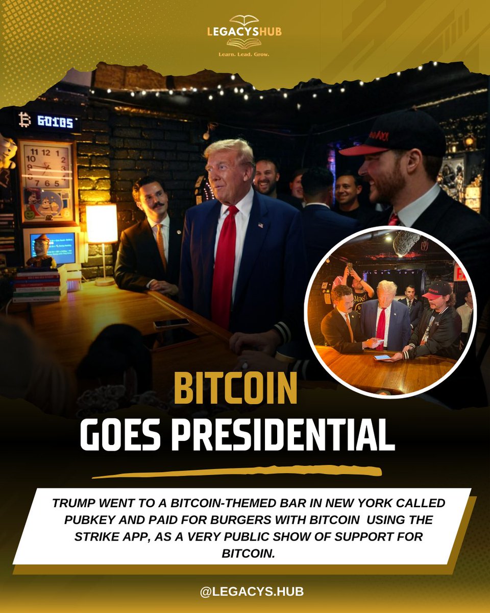 Legacyshub's tweet photo. Trump just bought burgers with Bitcoin at a BTC-themed bar in New York using the Strike app. ๐โก
A VERY public signal of support for Bitcoin adoption.
Politics + Bitcoin are officially colliding.
#Bitcoin #BTC #CryptoNews #StrikeApp #CryptoAdoption #Web3 #Legacyshub https://t.co/JiJSXN2kEv